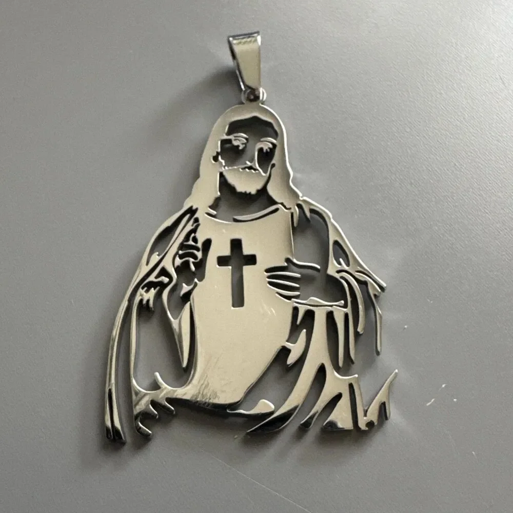 Cross Jesus Christ Cut Out Pendant Stainless Steel 24” Chain Faith Catholic Gift